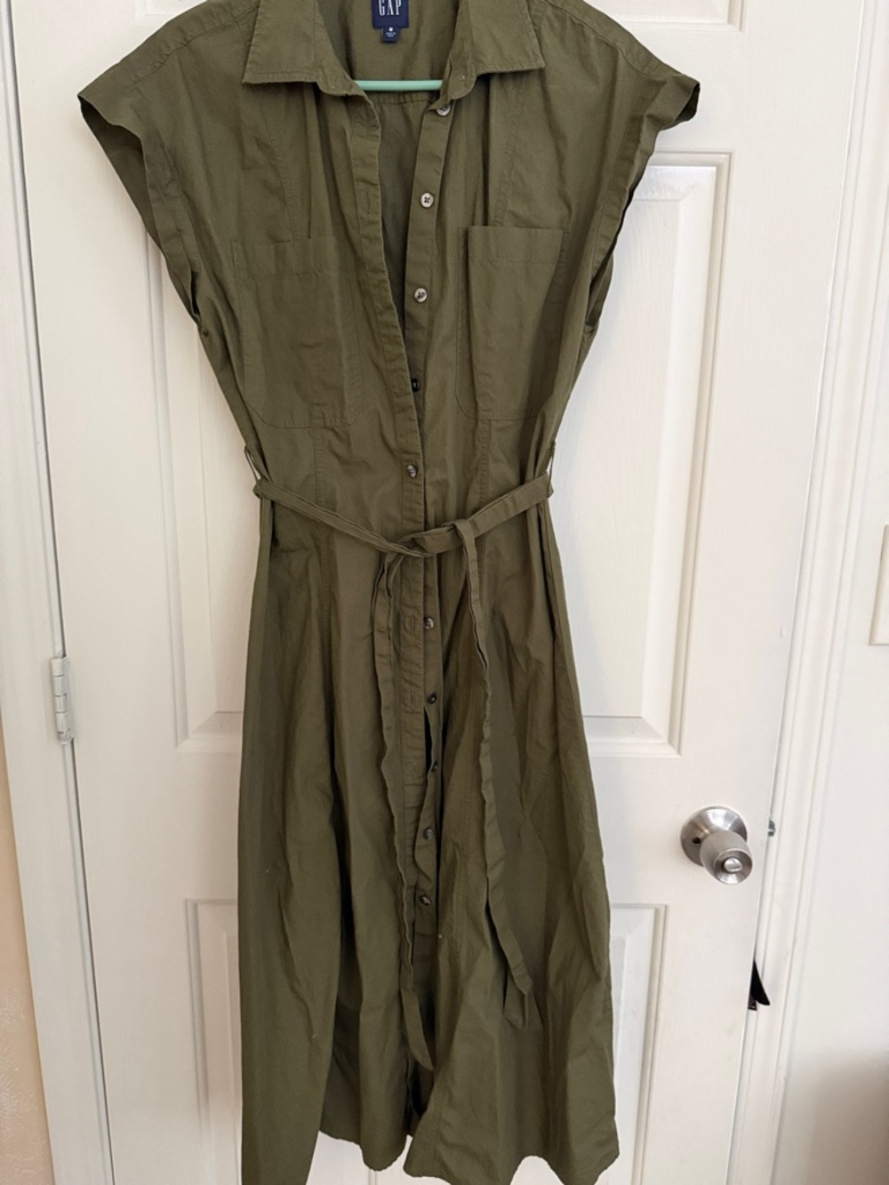 GAP Olive Green Button-Front Midi Shirt Dress with Tie